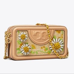 NWT Tory Burch Fleming Embroidered Straw Double Zip Mini Bag